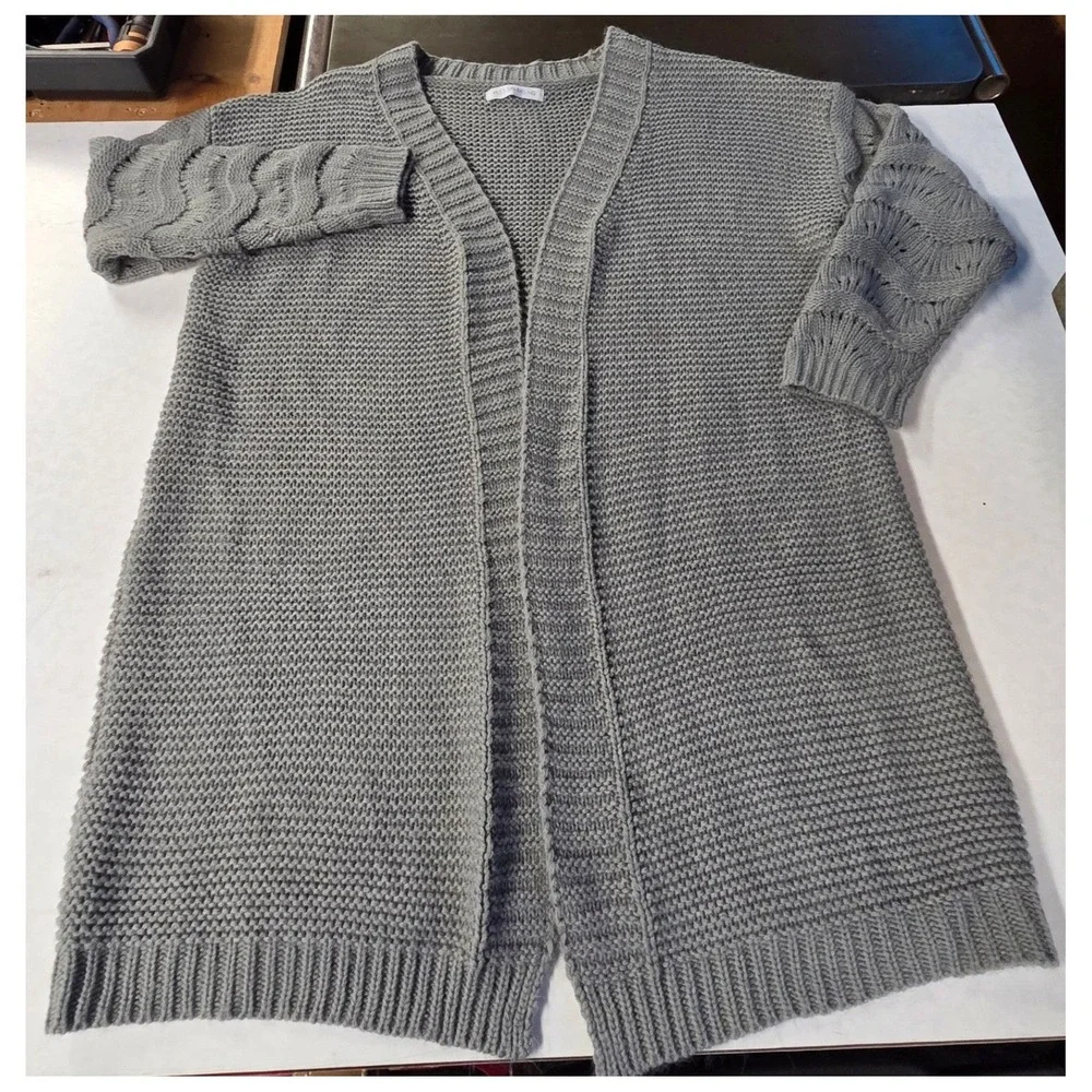 Miss Sparkling Open Front Longline Cardigan Sweater Small Gray Cable‎ Knit